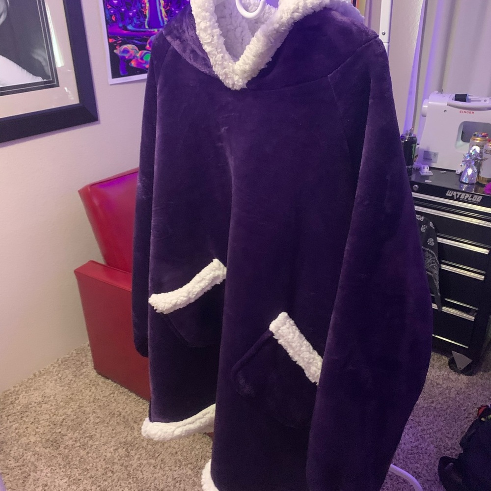 Cozy Purple Hooded Poncho with White Trim